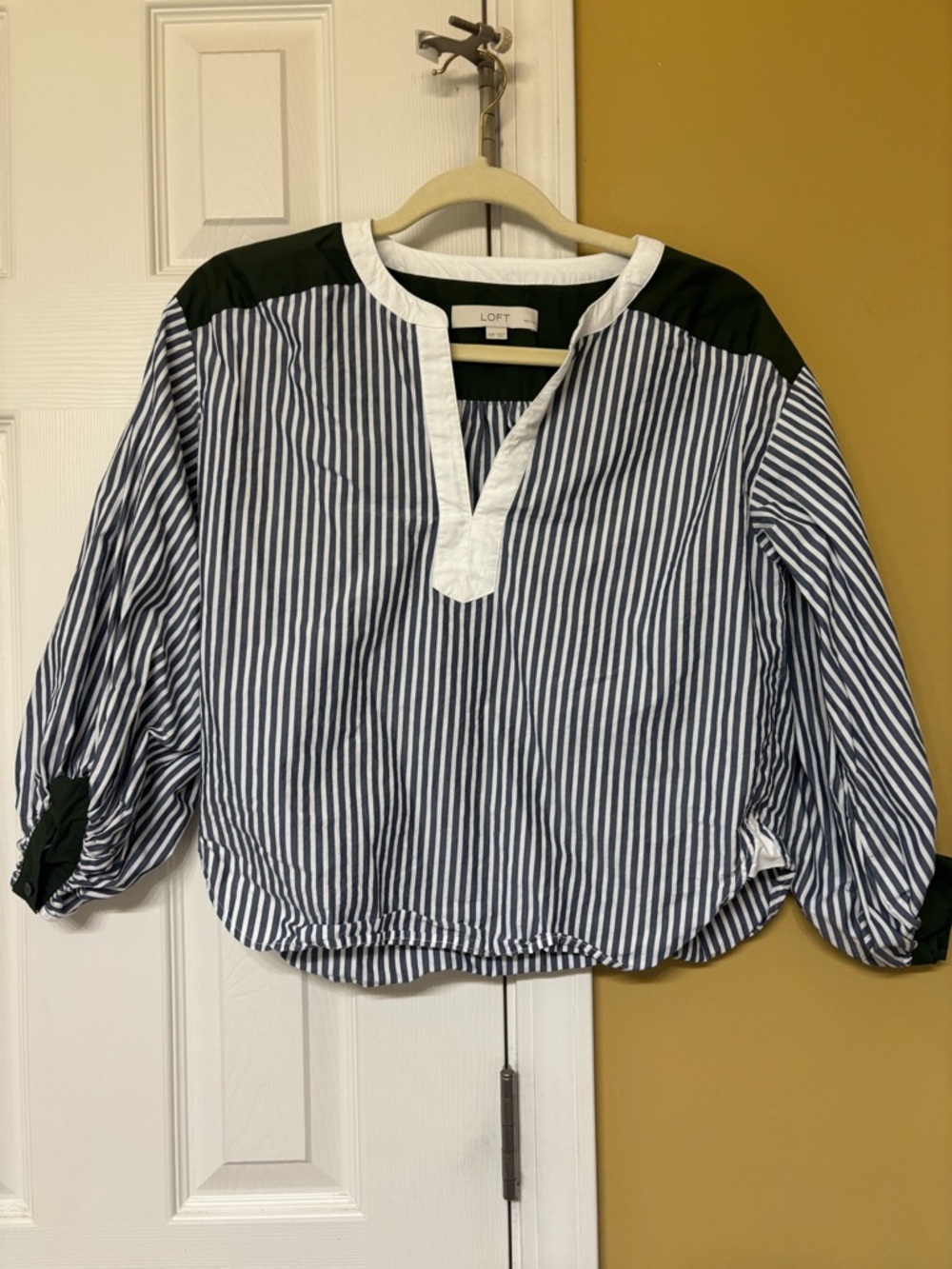 LOFT Navy & White Striped Blouse with Dark Green Yoke